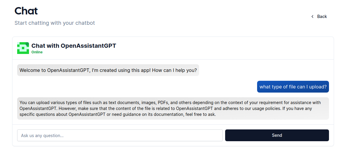 AdaraChatbot Chat Box An image showing AdaraChatbot chat
