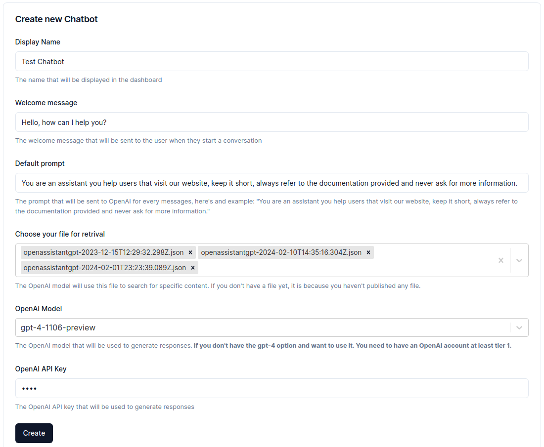 AdaraChatbot new chatbot form An image showing AdaraChatbot new chatbot form